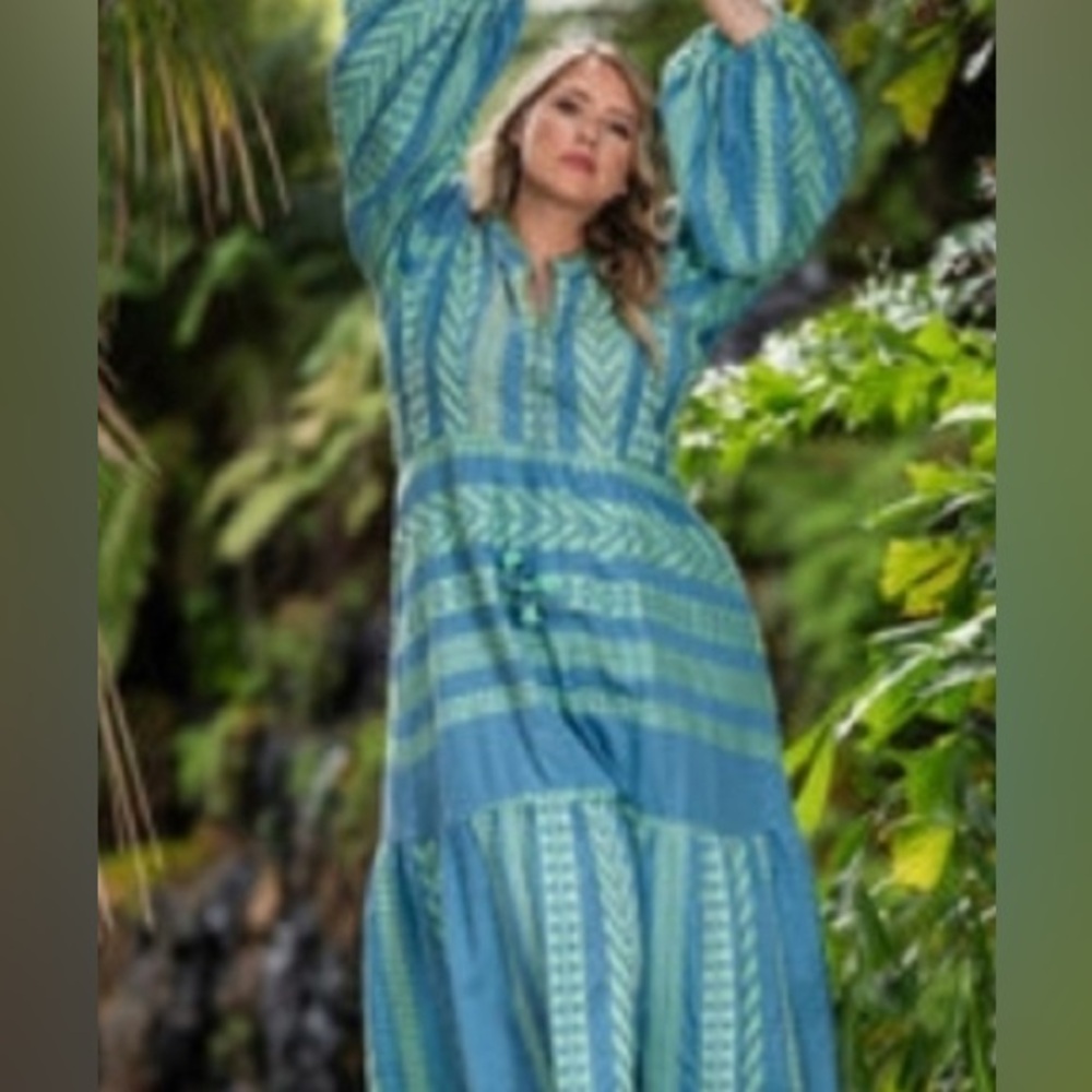 Just Bellina Blue and Green Patterned Long Sleeve Dress